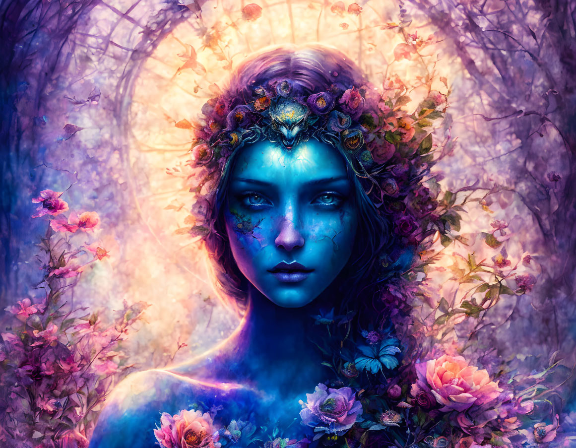 Fantasy portrait of woman with blue skin and floral tattoos