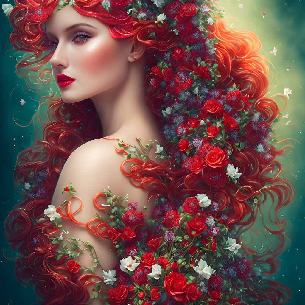 Fantasy portrait of woman with vibrant red hair and flowers against teal backdrop