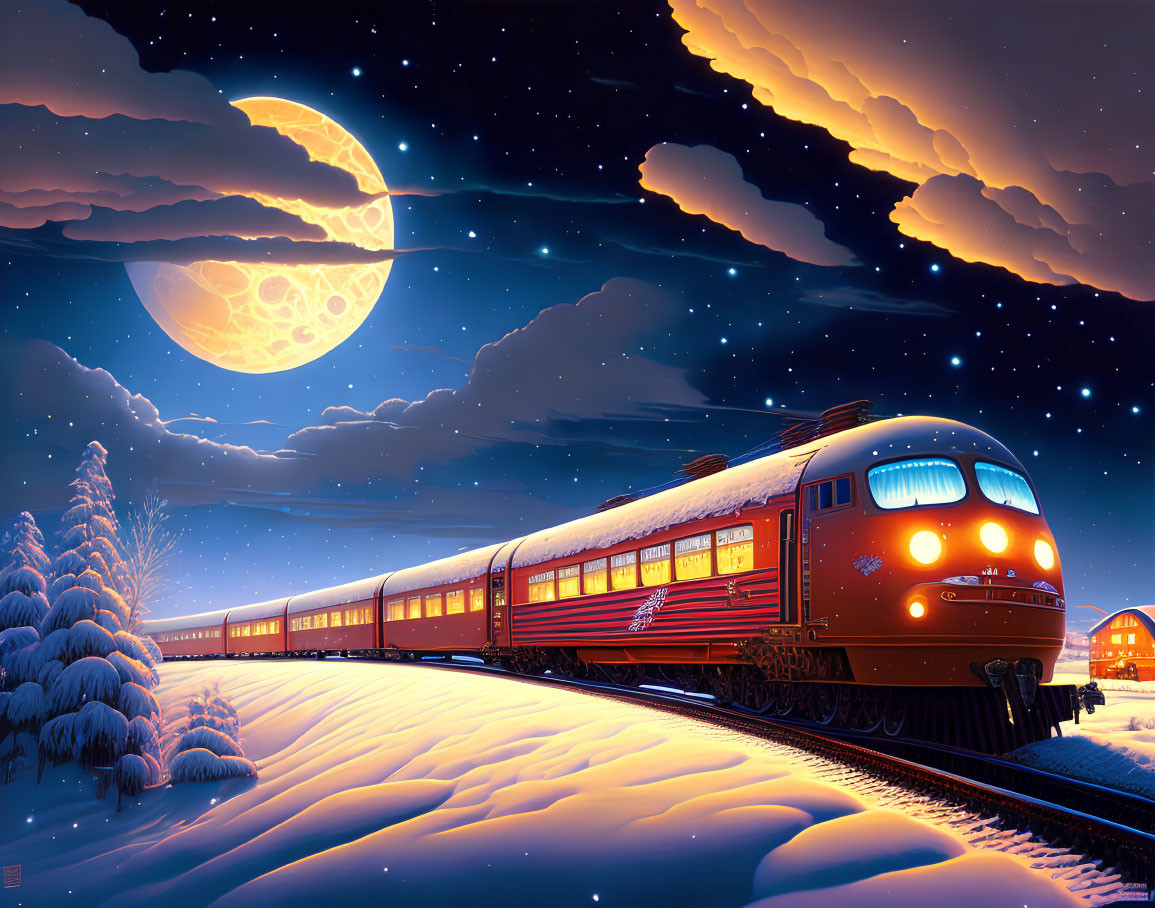 Vintage Train Night Scene in Snowy Landscape