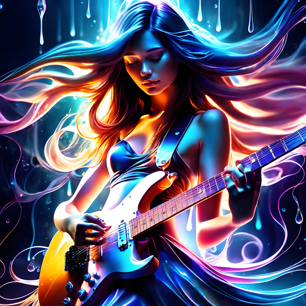 Colorful Illustration: Woman Playing Electric Guitar in Abstract Background