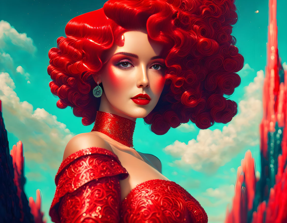 Vibrant portrait of woman with red curls in detailed red dress