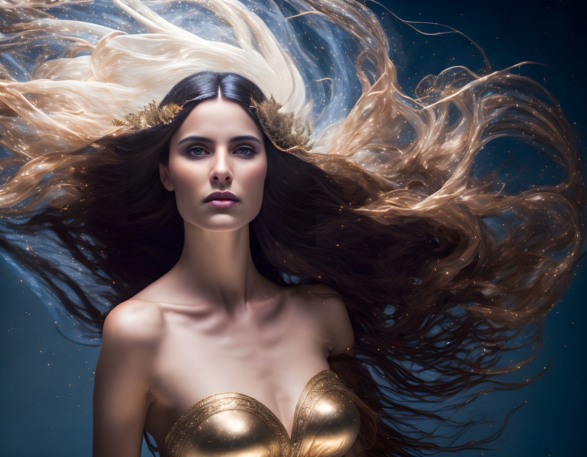 Dark-haired woman in golden attire gazes serenely on blue background