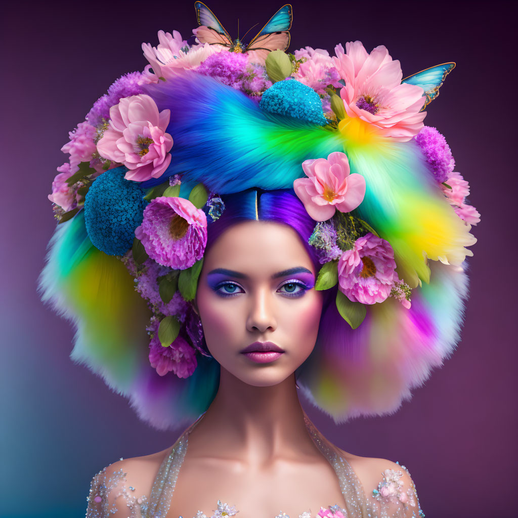 Colorful Woman with Rainbow Hair, Flowers, and Butterflies on Purple Background