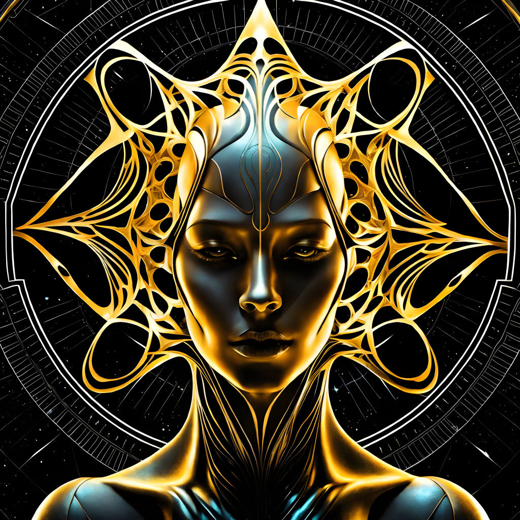 Symmetrical futuristic female figure with golden headdress in space