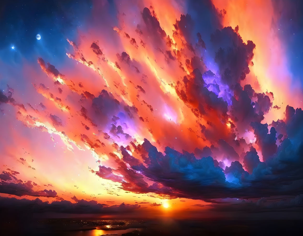 Scenic sunset with purple and orange clouds over serene landscape