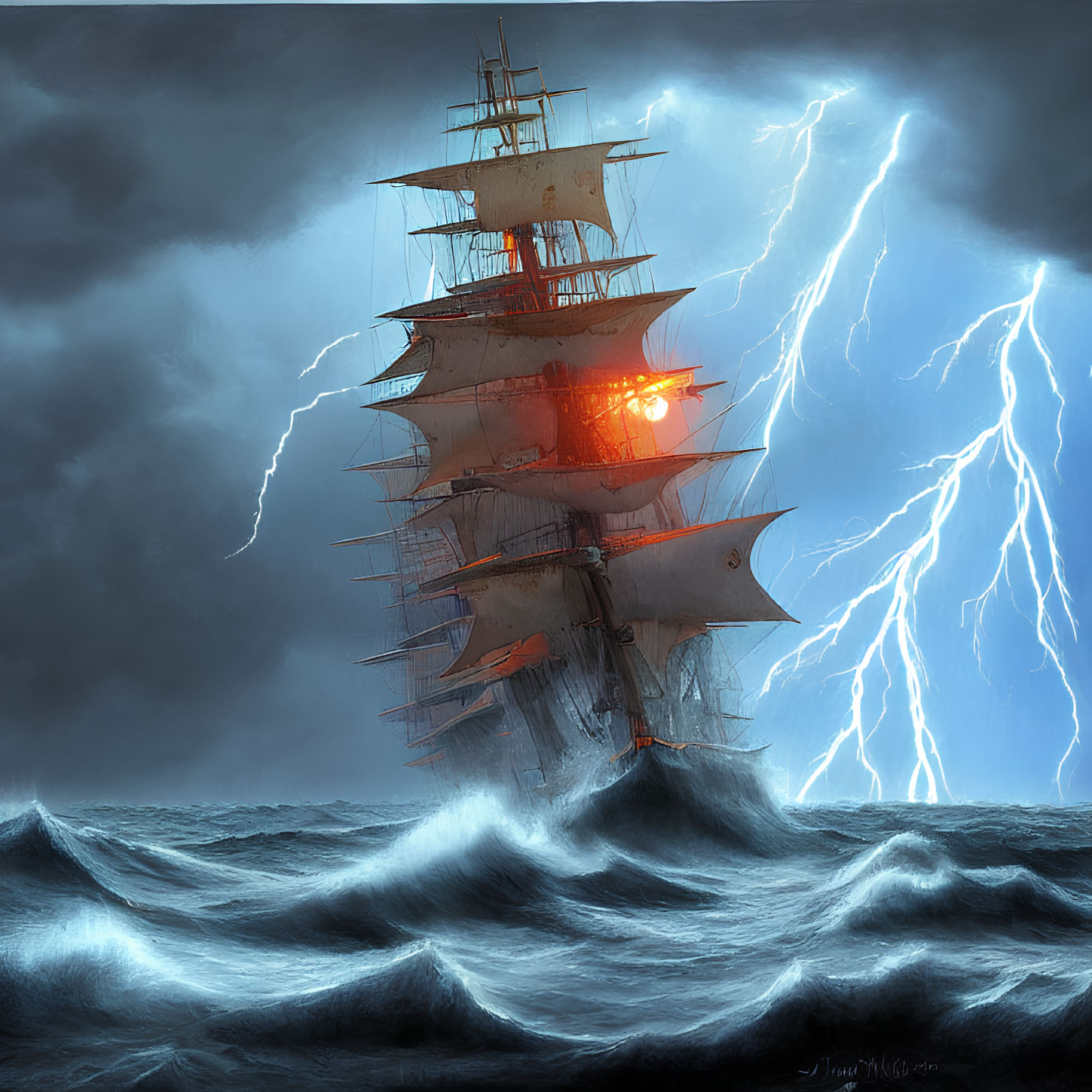 Stormy seas: Tall ship battles lightning storm with blazing fire