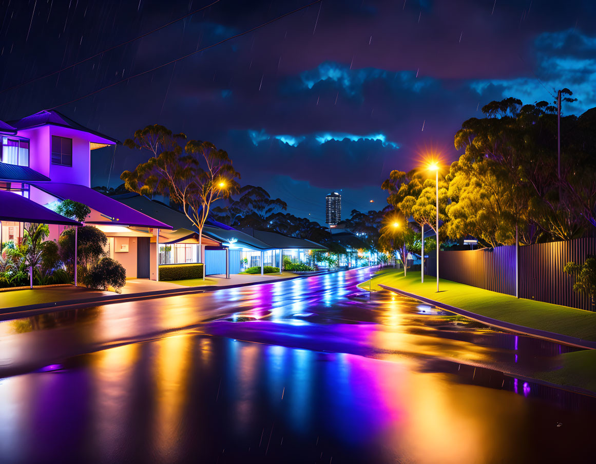 Wet suburban street at night with colorful lights and rain-streaked sky