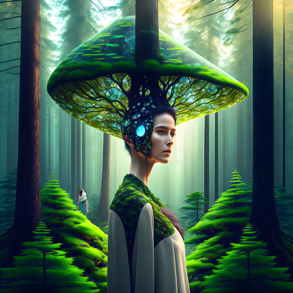 Surreal portrait of woman with mushroom cap headpiece in forest