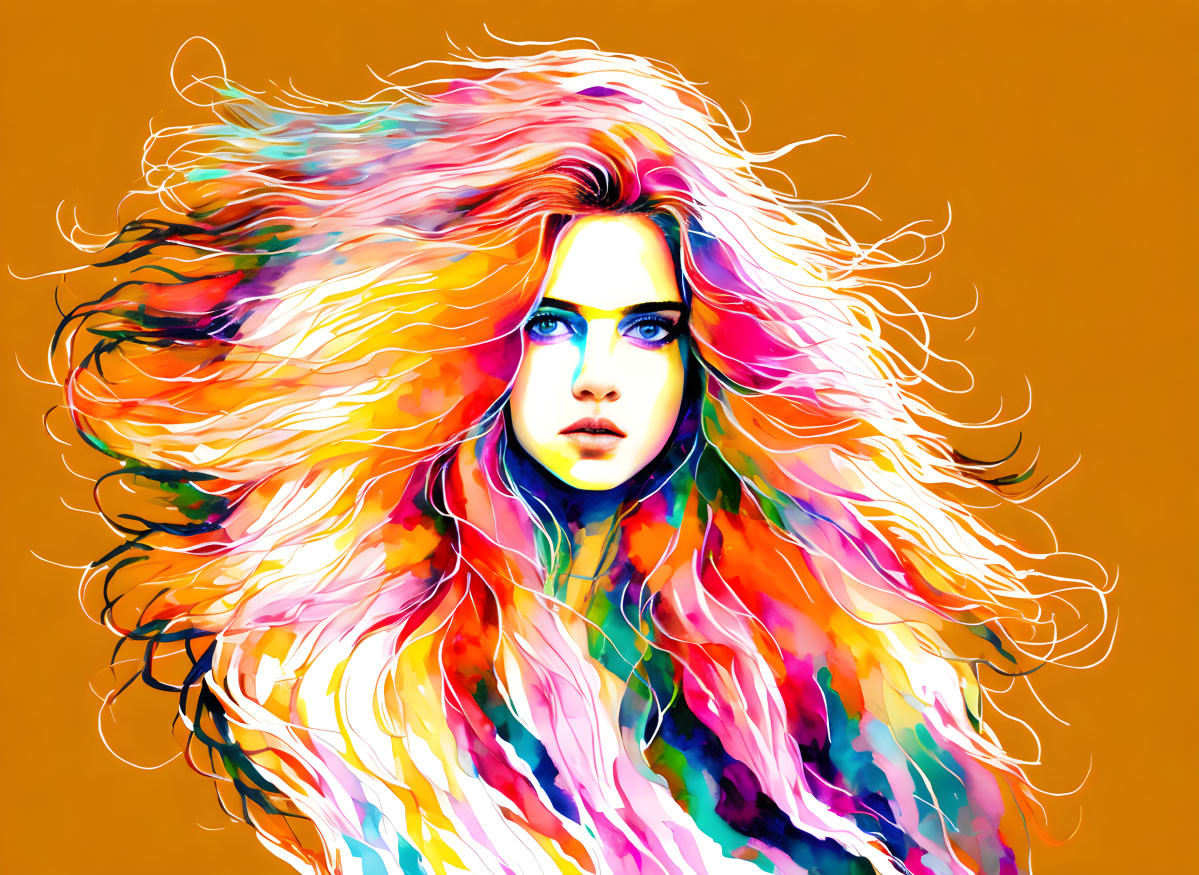 Vibrant digital artwork: Woman with colorful, flowy hair on orange backdrop