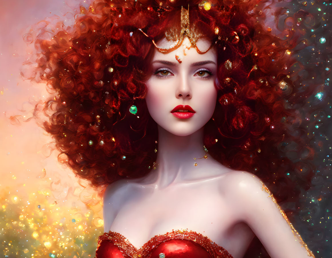 Digital artwork featuring woman with red curly hair, golden crown, green earrings, red garment, on glitter