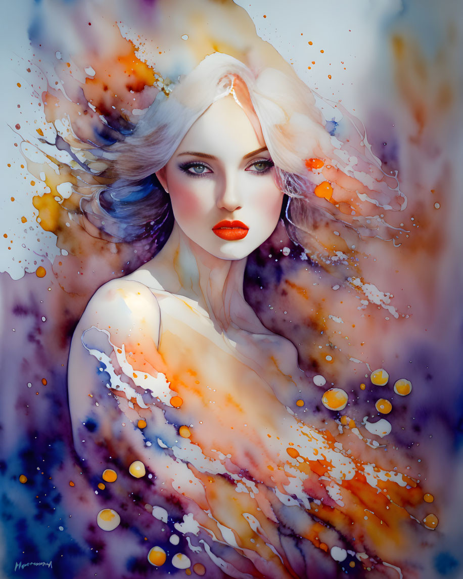 Ethereal portrait of woman with flowing blue and white hair on vibrant orange and yellow background