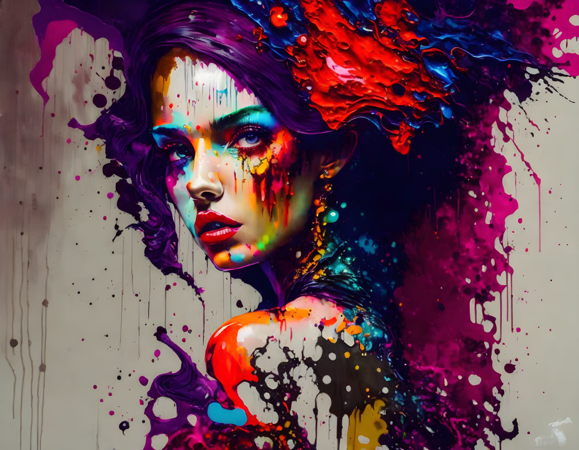 Colorful digital artwork of a woman with paint effects flowing through hair