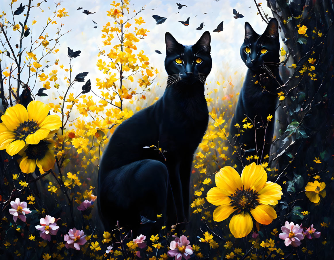 Two black cats in vibrant flower field with misty forest background