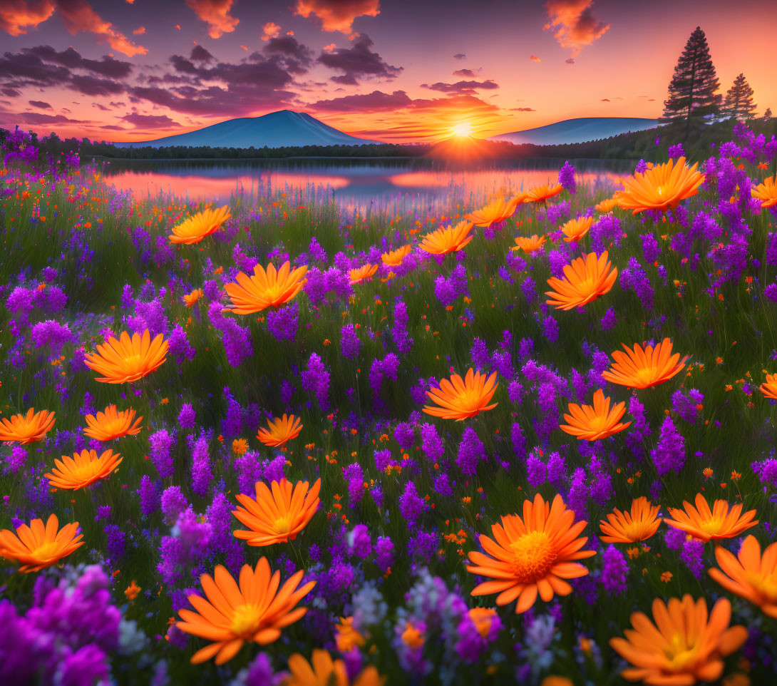 Scenic sunset over tranquil lake with mountains and vibrant wildflowers