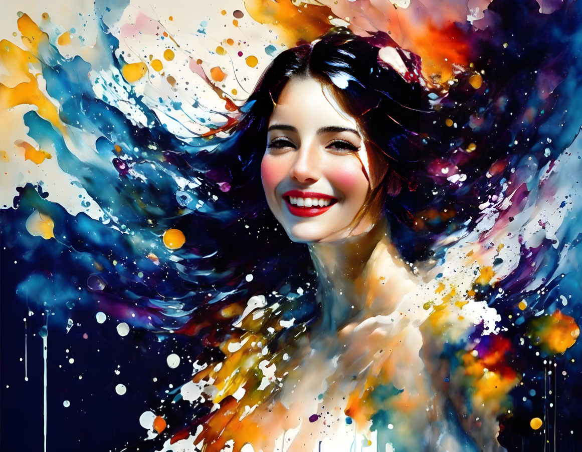 Colorful digital artwork: Smiling woman blending into vibrant paint splatters