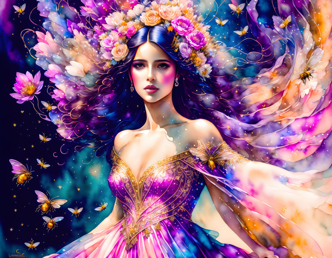 Colorful Woman Illustration with Flowers, Butterflies, and Starry Background