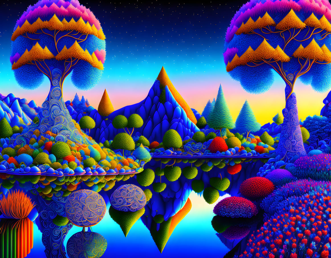 Colorful Psychedelic Landscape with Patterned Trees and Starry Sky