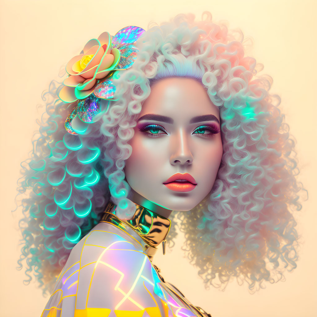 Vibrant digital artwork of woman with curly hair and floral accessory