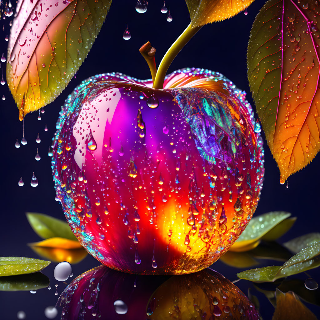 Colorful Apple with Water Droplets and Dew-Covered Leaves on Dark Background