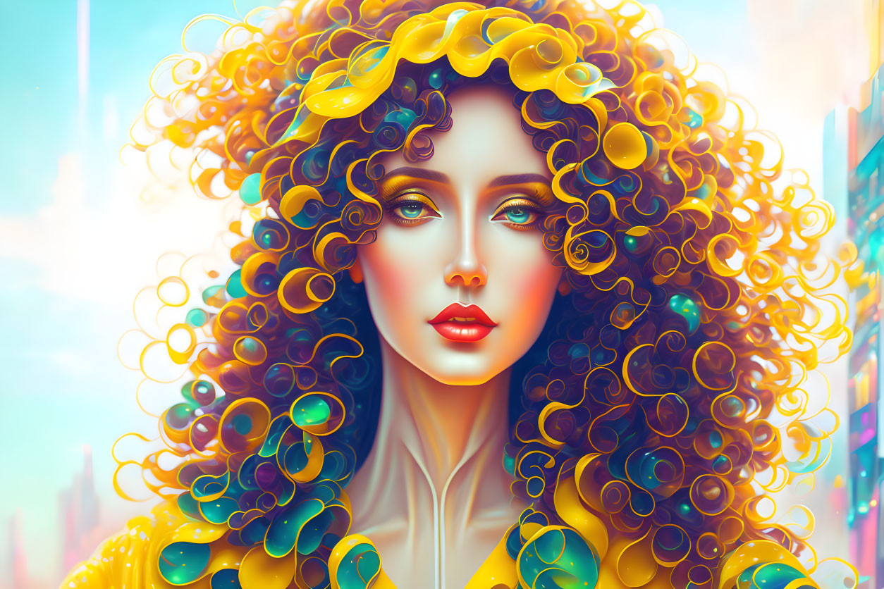 Colorful digital artwork: Woman with yellow curls and makeup in cityscape.