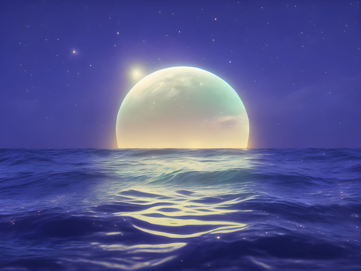 Twilight ocean scene with large moon and reflections