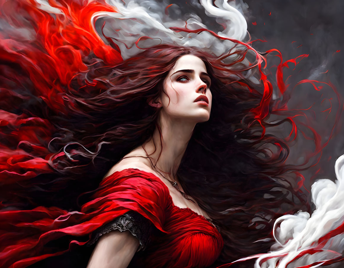 Red-haired woman in crimson dress surrounded by swirling smoke