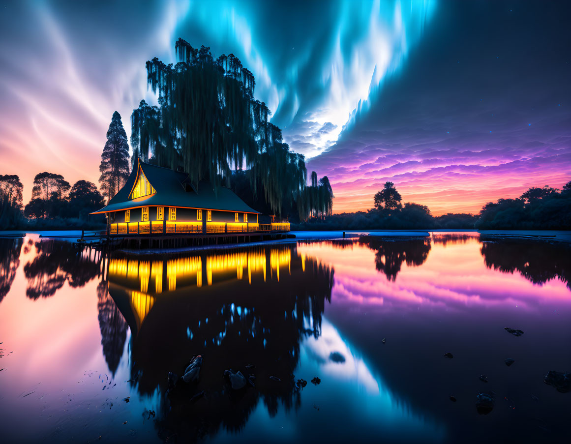 Twilight lakeside pavilion with vivid reflections and dramatic sky