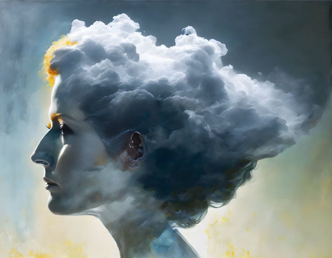 Surreal side profile of woman with storm cloud hair and fiery orange hints