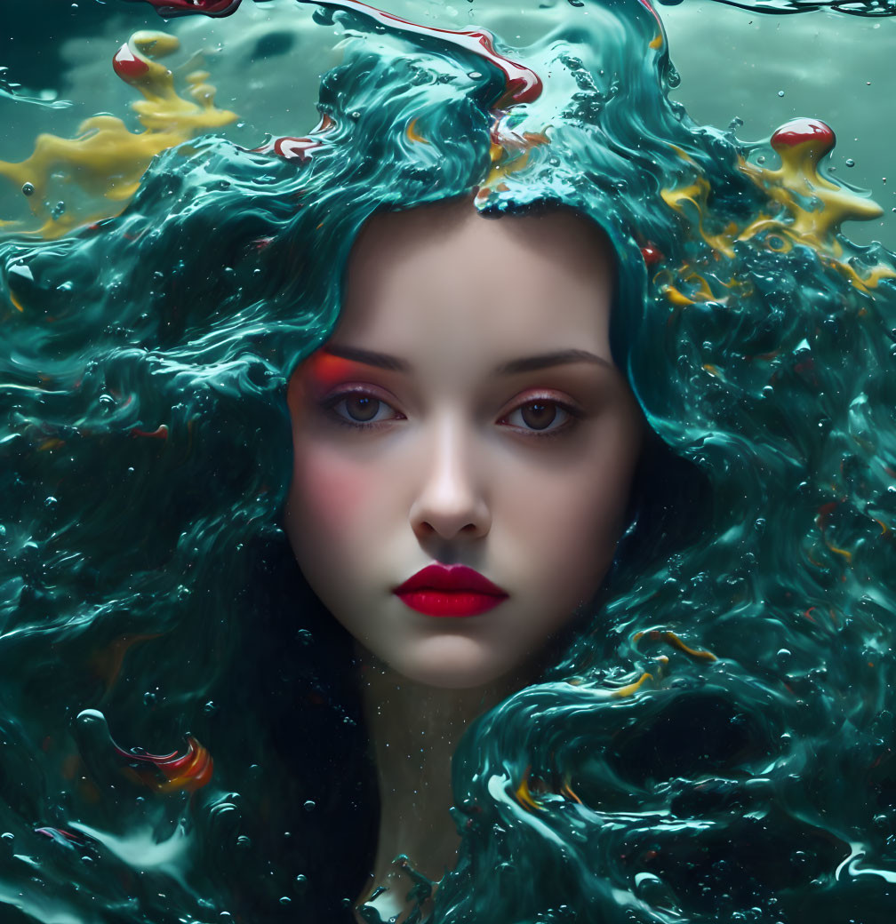 Woman's Face Emerges from Water with Swirling Hair