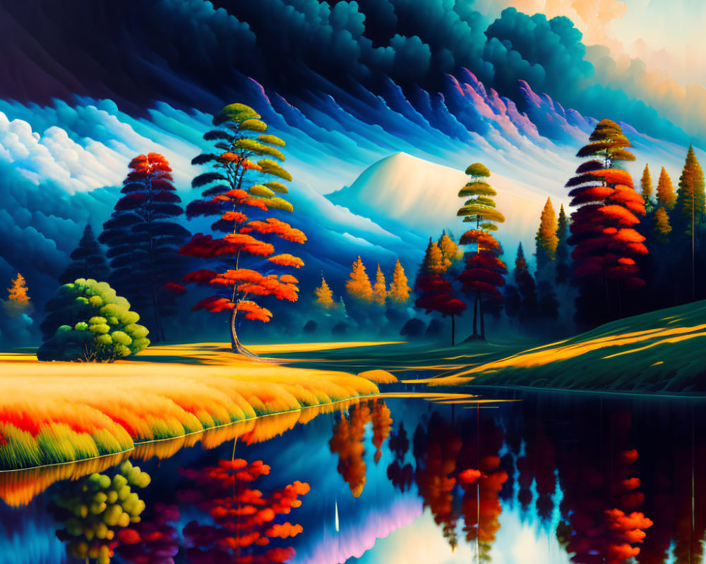 Colorful landscape painting: serene lake, vibrant trees, dramatic sky, distant mountain