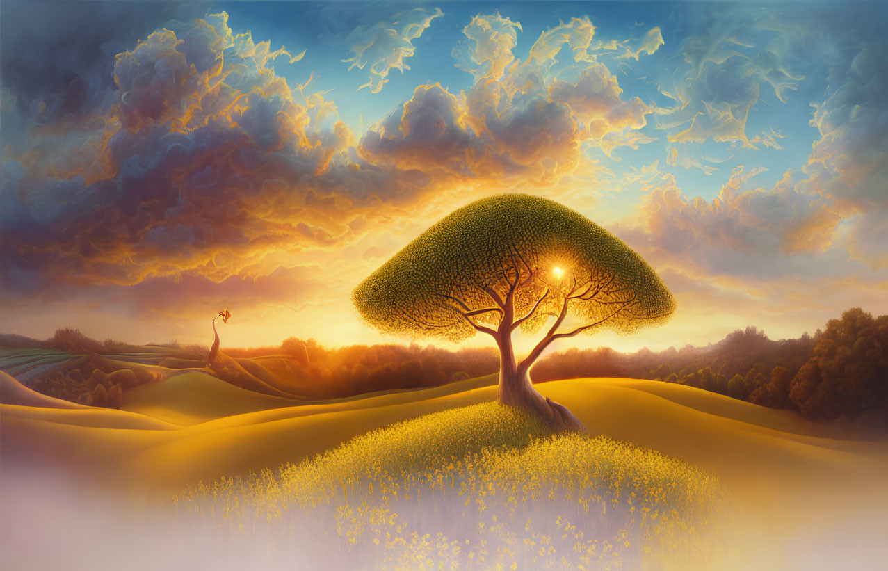 Vibrant sunrise over surreal landscape with lone tree