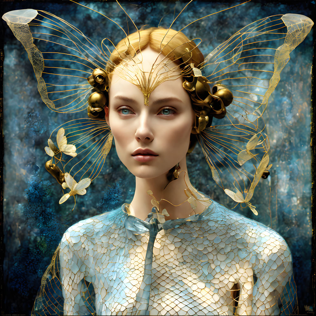 Fantastical woman with golden butterfly headdress on blue backdrop