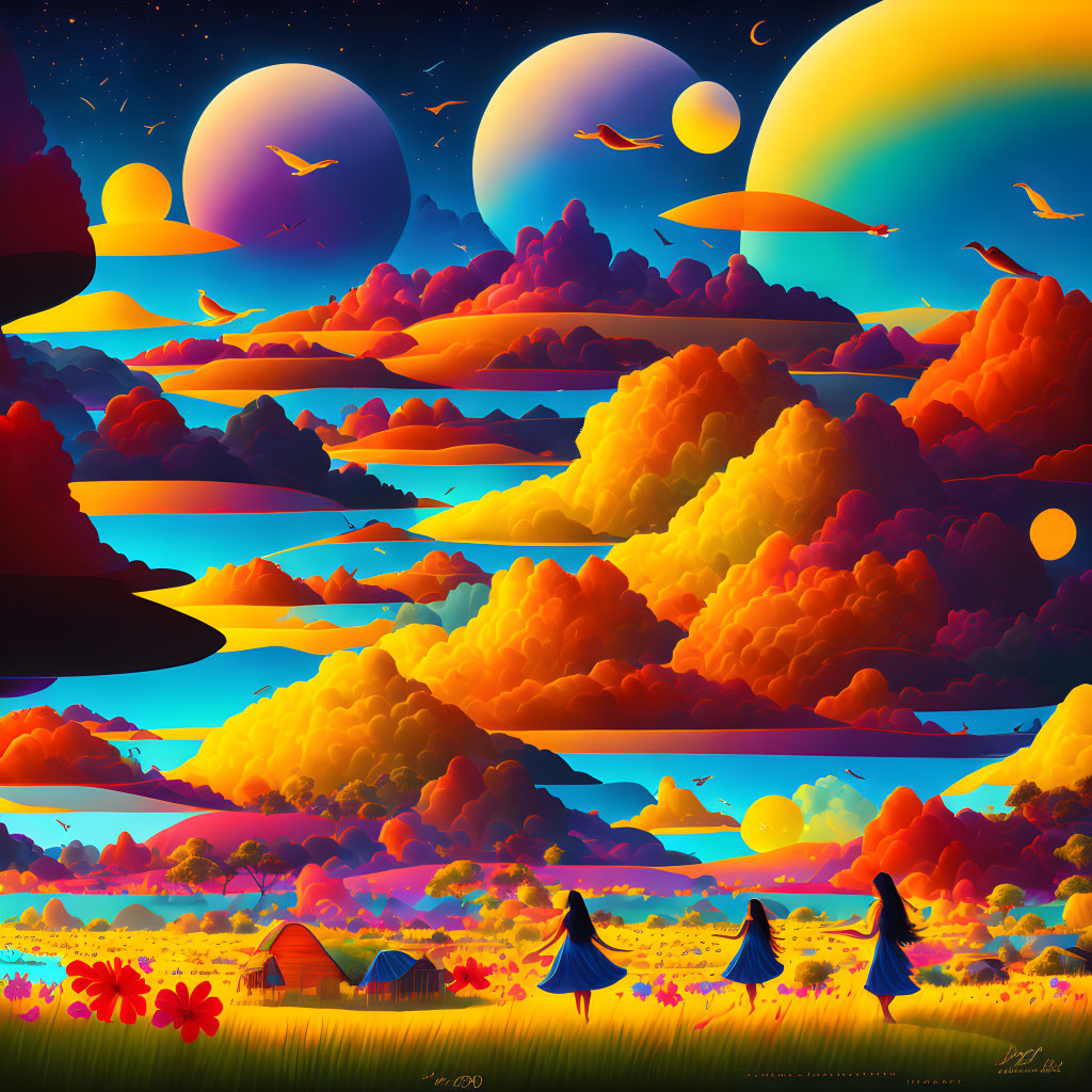 Surreal landscape with multiple suns, moons, vivid clouds, colorful flora, and silhou