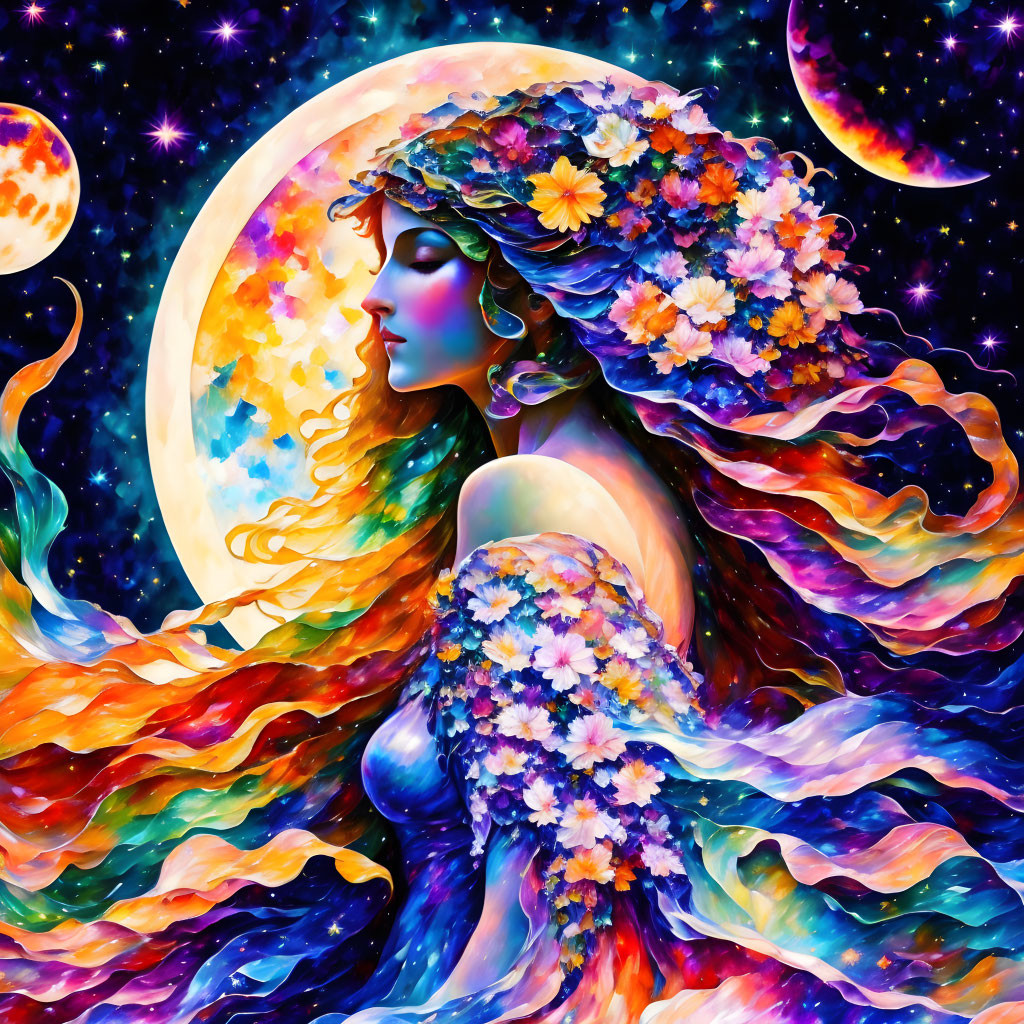 Colorful woman with floral headdress in cosmic setting