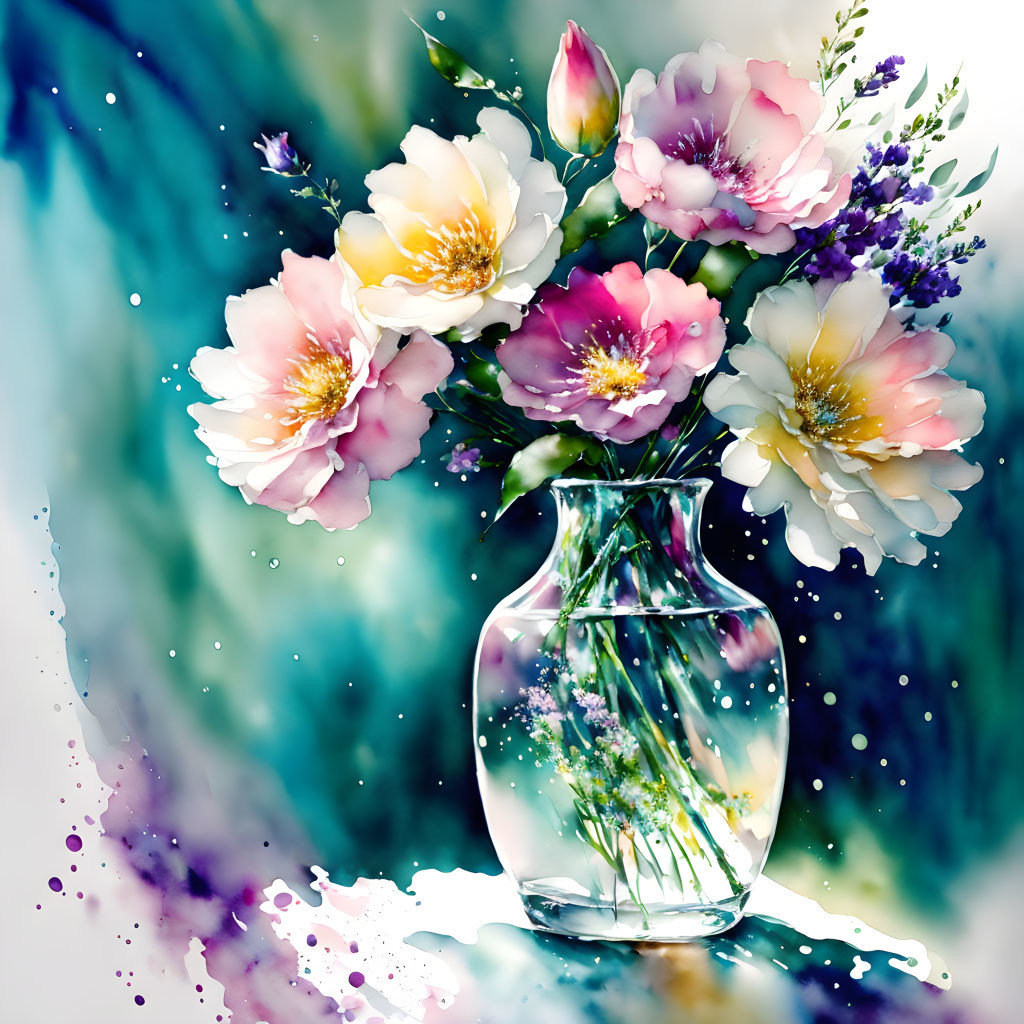 Colorful Watercolor Painting of Pink and White Flowers in Vase