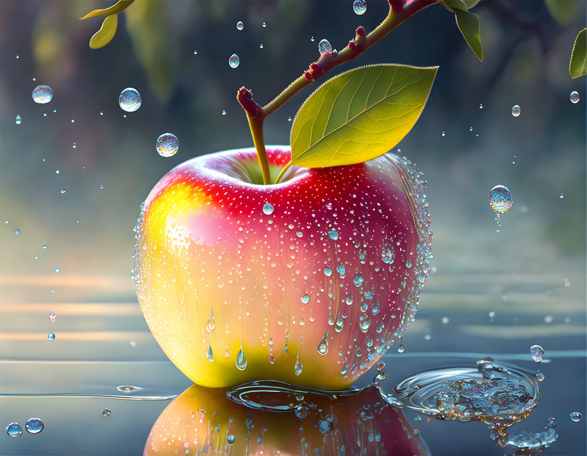 Fresh red apple with water droplets, green leaves, and reflections