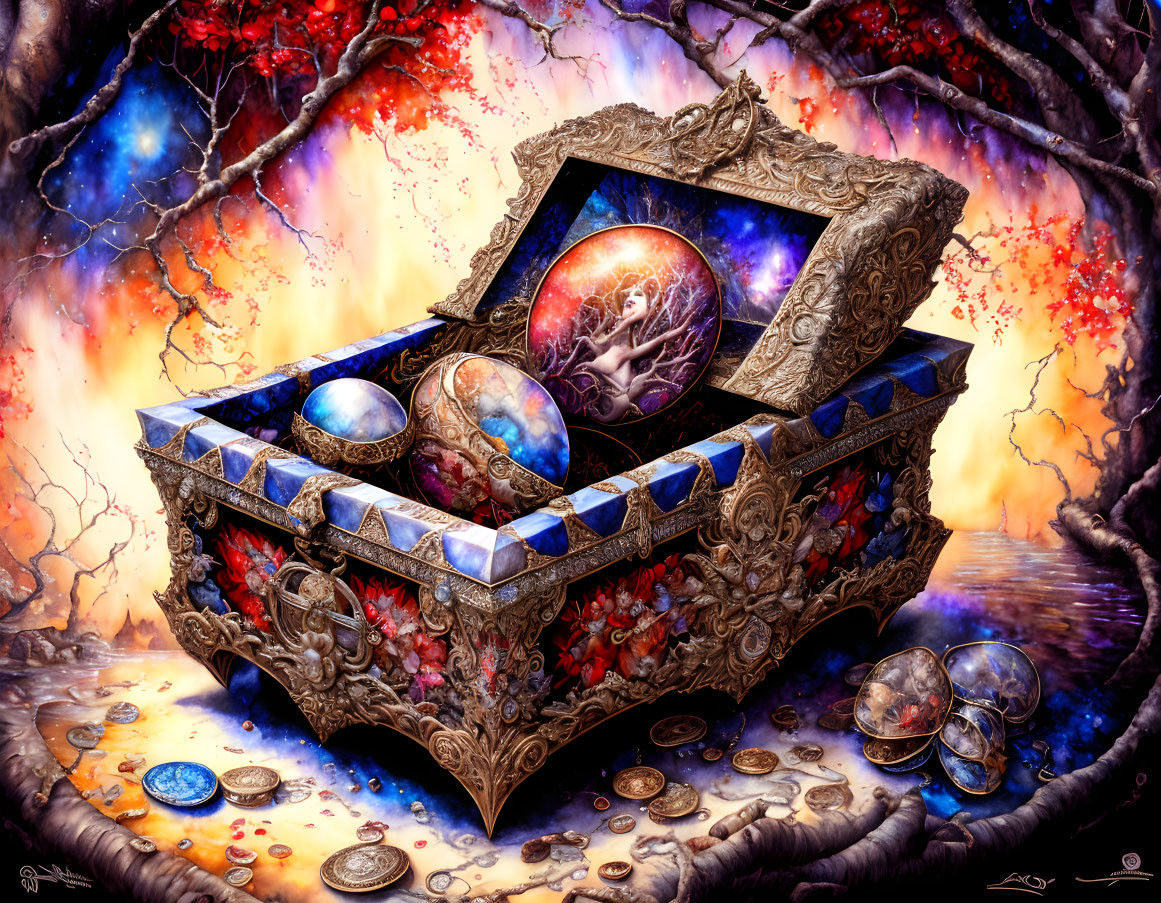 Intricately designed treasure chest with cosmic and terrestrial spheres, coins, and jewels.