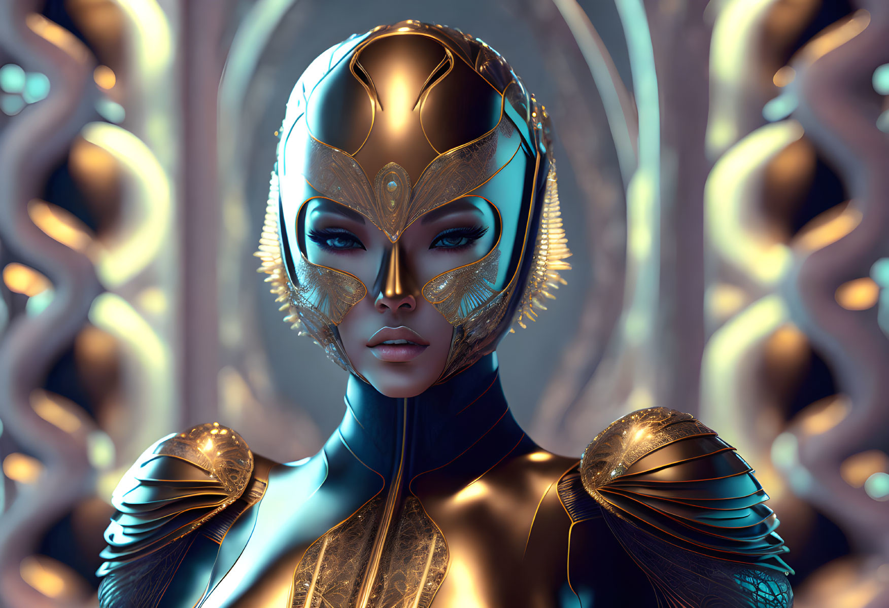 Elaborate golden headgear on futuristic female figure in metallic armor