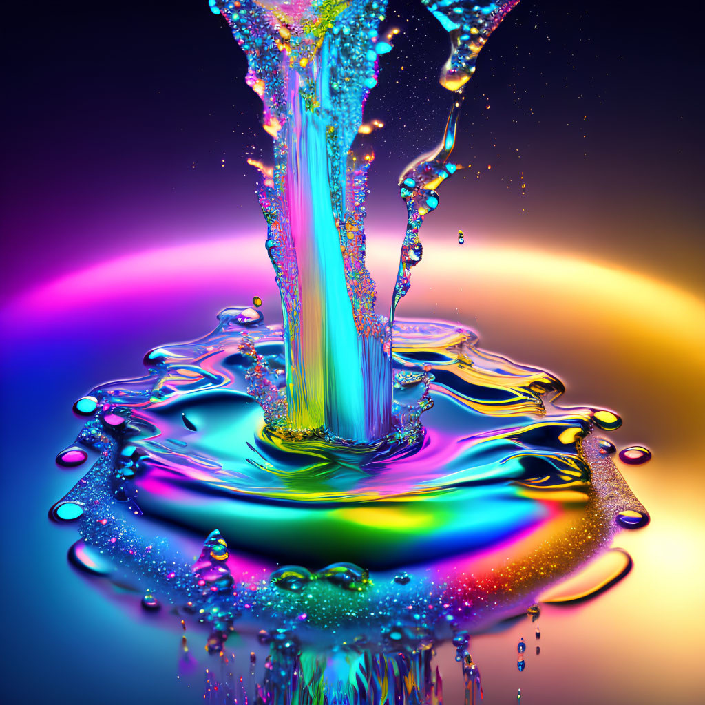 Colorful liquid splash with sparkling droplets on gradient background