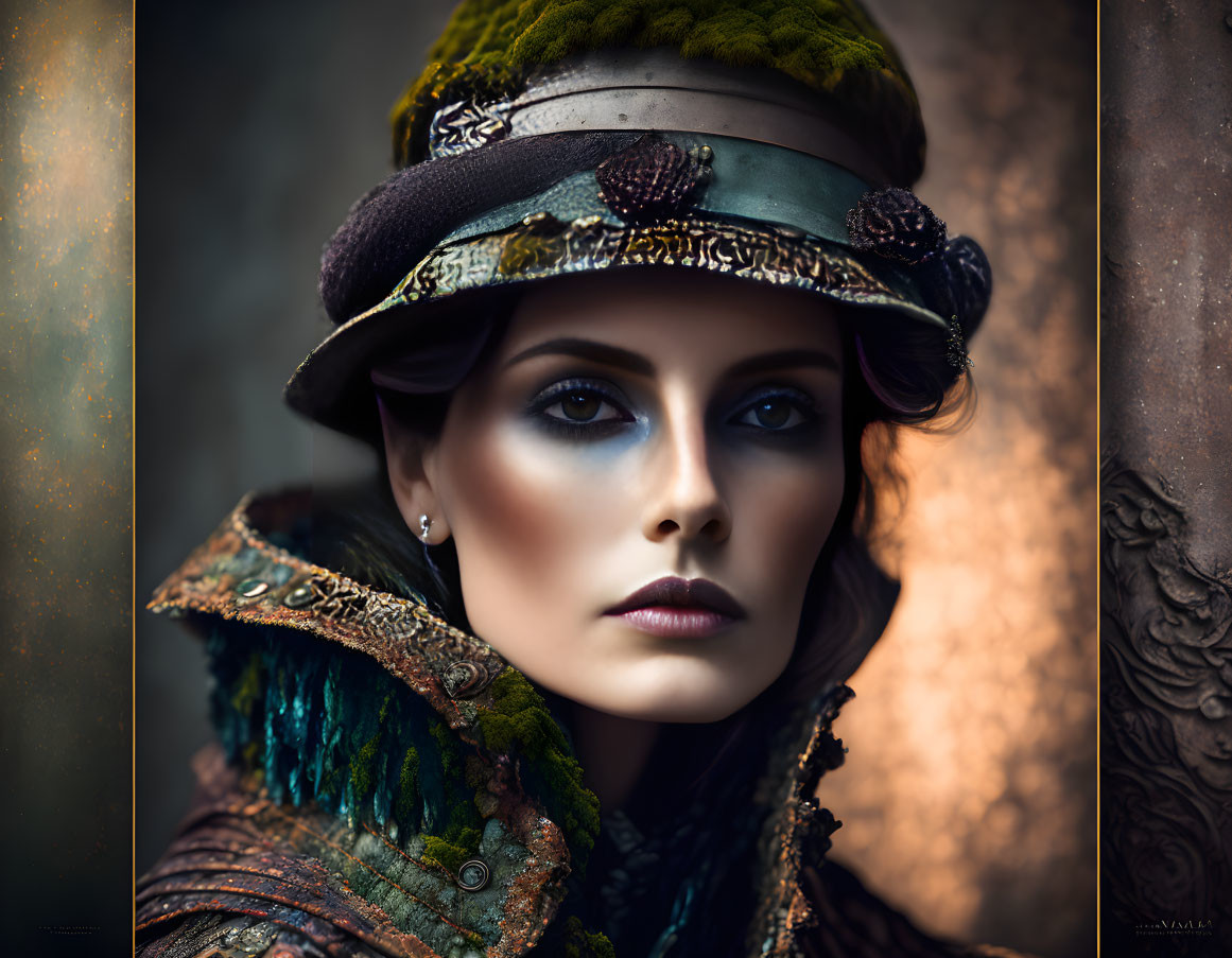 Elegant woman with striking makeup and stylish hat in captivating pose against moody backdrop