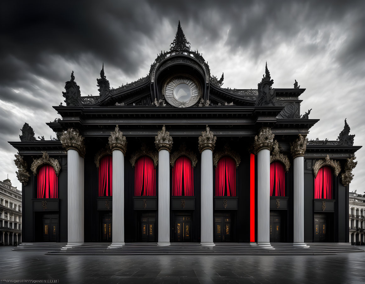 Neoclassical facade with white columns and red curtains