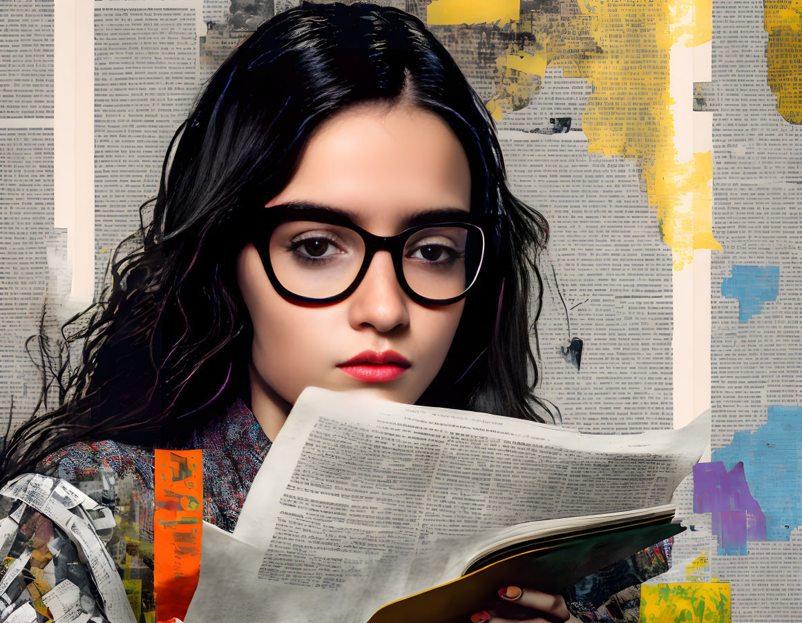 Woman with Dark Hair Reading Newspaper Against Artistic Backdrop