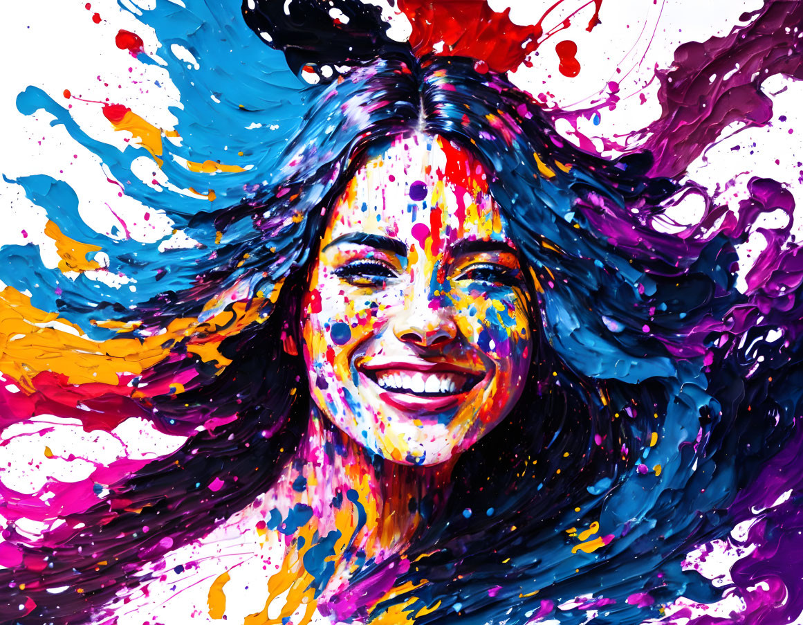 Colorful painting of smiling woman with merging hair and background