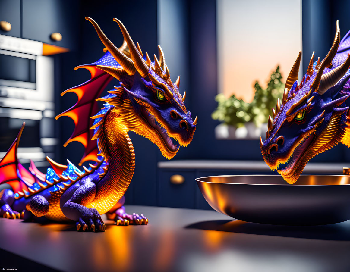 Colorful 3D-rendered dragons on modern kitchen countertop