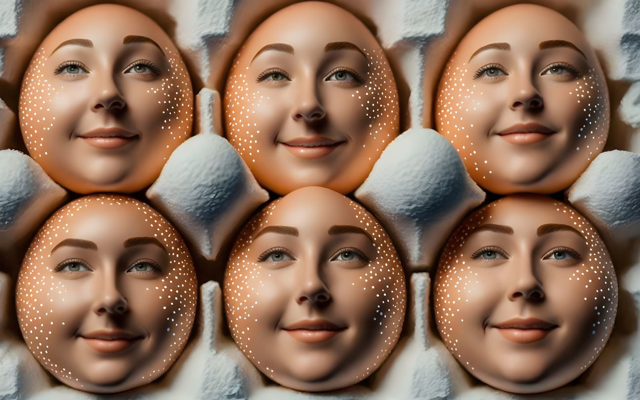 Identical Artificial Humanoid Faces on White Cushioned Background