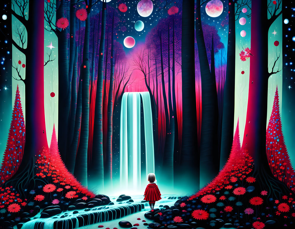 Child in Red Cloak by Waterfall in Magical Forest with Colorful Trees, Flowers, and Or