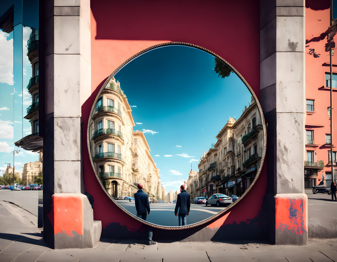 Urban mirror reflects sunny cityscape with classic architecture and people walking.