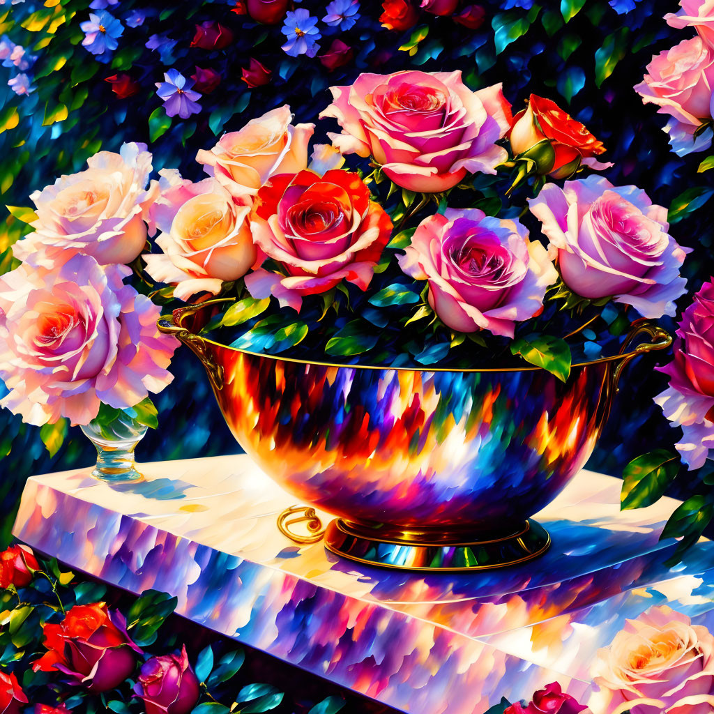 Colorful floral painting with pink and peach roses in golden bowl on dark background