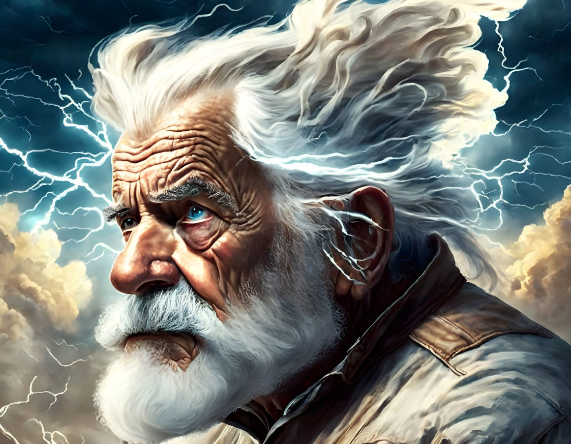 Elderly man with white hair and stormy skies illustration