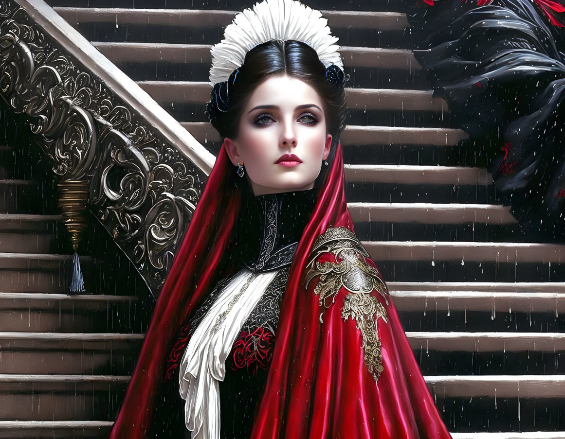 Historical woman in elegant dress on snowy staircase